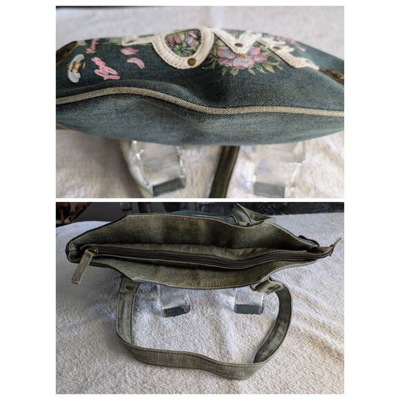 Far Nine Denim Cat Purse Tote Bag Floral Bee “LOVE” Studded Zipper - Picture 2 of 10